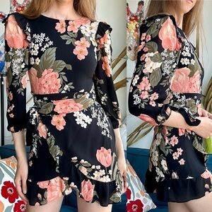 Reformation Quest Floral Black Long Sleeve Mini Dress S (4)